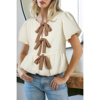 White Textured Bow Ties Front Bubble Hem Puff Short Sleeve Blouse - L