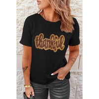 Black Sequined Thankful Round Neck Graphic Tee - L