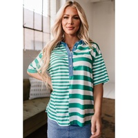 Green Stripe Colorblock Collar Half Buttons T Shirt - L