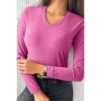 Strawberry Pink Ribbed Knit V Neck Long Sleeve Slim Fit Top - L