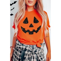 Orange Glittering Pumpkin Face Graphic Crewneck T Shirt - S