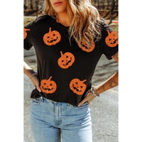 Black Glittering Pumpkin Face Graphic Crewneck Halloween T Shirt - 2XL