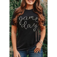 Black Shiny Rhinestone game day Pattern Crewneck T Shirt - 3XL