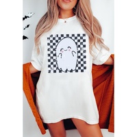 White Checkered Ghost Print Crew Neck Oversized T Shirt - M
