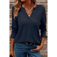 Dirty blue Notch V Neck Pocket Patched Long Sleeve T Shirt - L