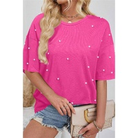 Bright Pink Pearl Beaded  Drop Shoulder Crewneck T Shirt - S