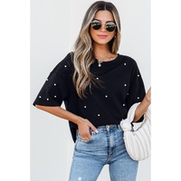 Black Pearl Beaded  Drop Shoulder Crewneck T Shirt - XL