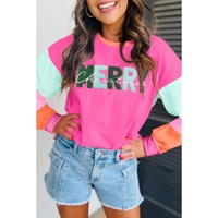 Azura Exchange Rose Red Chenille MERRY Christmas Patched Colorblock Long Sleeve Top - XL
