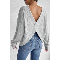 Light Grey Textured Crossover Backless Knit Long Sleeve Top - L