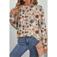 Khaki Floral Print Loose Crew Neck Long Sleeve T Shirt - L