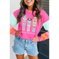 Rose Red Nutcracker Merry Christmas Graphic Colorblock Long Sleeve Tee - XL
