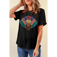 Black Glitter Turkey Heat Transfer Printing Thanksgiving T Shirt - 2XL