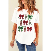 White Bowknot Nutcracker Printed Crewneck Christmas T Shirt - M