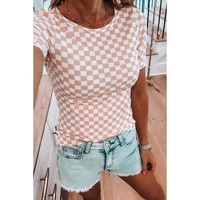 Pink Checkered Ribbed Slim Fit Crew Neck T Shirt - S