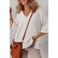 White Solid Color Corded Drop Shoulder 3/4 Sleeve V Neck Top - M