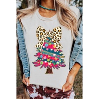 White Leopard Bow Decor Christmas Tree Graphic Crew Neck Tee - 2XL