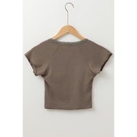 Dark Brown Lace Splicing Criss Cross Slim Fit V Neck T Shirt - M