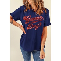 Blue Glittering Game Day Graphic Cuffed Sleeve Crew Neck T Shirt - L
