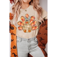 Khaki Thanksgiving Bowknot Turkey Graphic Crewneck Tee - 3XL
