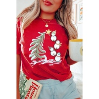 Red Christmas Tree Snowman Printed Crewneck T Shirt - M