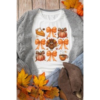 White Turkey Coquette Bow Pumpkin Thanksgiving T-Shirt - L
