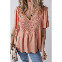 Fushia Smocked Front V Neck Pleated Babydoll Short Sleeve Top - L