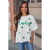 White St Patrick Lucky Clover Sequin Graphic T Shirt - XL