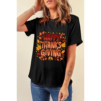 Black Happy Thanksgiving Leaves Print Crew Neck T Shirt - XL