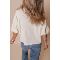 White Pearled Puff Sleeve Round Neck Loose Top - L
