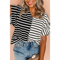 Black Stripe Two Tone Colorblock V Neck T Shirt - L