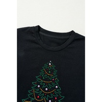 Black Rhinestone Christmas Tree Round Neck Graphic Tee - S