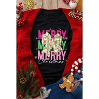 Black Merry Christmas Brushwork Bow Printed T Shirt - S
