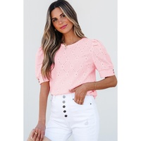 Pink Flower Geometric Textured Button Short Sleeve Top - S