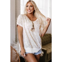Khaki Leopard Print V Neck Side Slit Loose Fit T Shirt - L