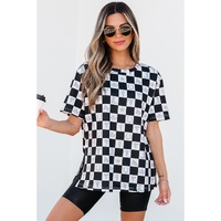 Black Western Fashion Checkerboard Print Side Split T Shirt - L