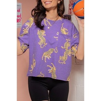 Purple Allover Tiger Printed Patch Pocket Loose T Shirt - XL