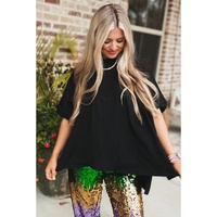 Black Loose Half Sleeve Hi Low Hem T Shirt - M
