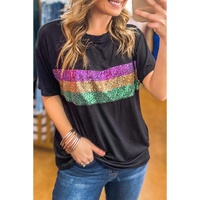 Black Sequin Stripes Patchwork Mardi Gras Crew Neck T Shirt - L