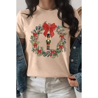 Khaki Nutcracker Bow Christmas Wreath Crewneck Printed T Shirt - XL