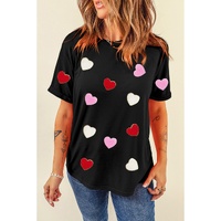 Black Valentines Chenille Heart Patched Pattern Crewneck Tee - 2XL