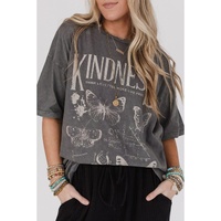 Dark Grey Kindness Butterflies Graphic Mineral Wash Loose Tee - L