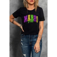 Black Mardi Gras Heat Transfer Graphic Holiday Tee - L