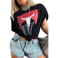 Black Western HOWDY Steer Head Print Side Slits Loose Fit T Shirt - M