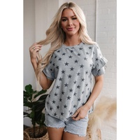 Gray Star Print Tiered Ruffled Sleeve Crew Neck T Shirt - S
