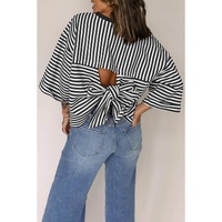 Black Stripe Bowknot Cutout Back Drop Shoulder Wide Bracelet Sleeve Loose Tee - L