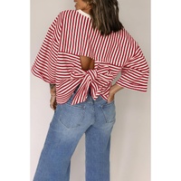 Red Stripe Bowknot Cutout Back Drop Shoulder Wide Bracelet Sleeve Loose Tee - XL