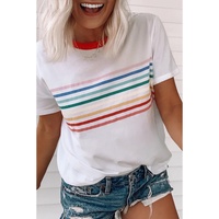 White Rainbow Stripe Print Contrast Crewneck T Shirt - XL