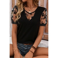 Black Flora Lace Patchwork Crew Neck T Shirt - L