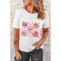 White Checkered Valentines Heart Printed Crewneck T Shirt - XL