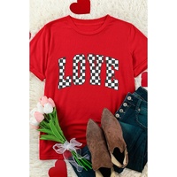 Red Checkered LOVE Letter Graphic Valentines T Shirt - S